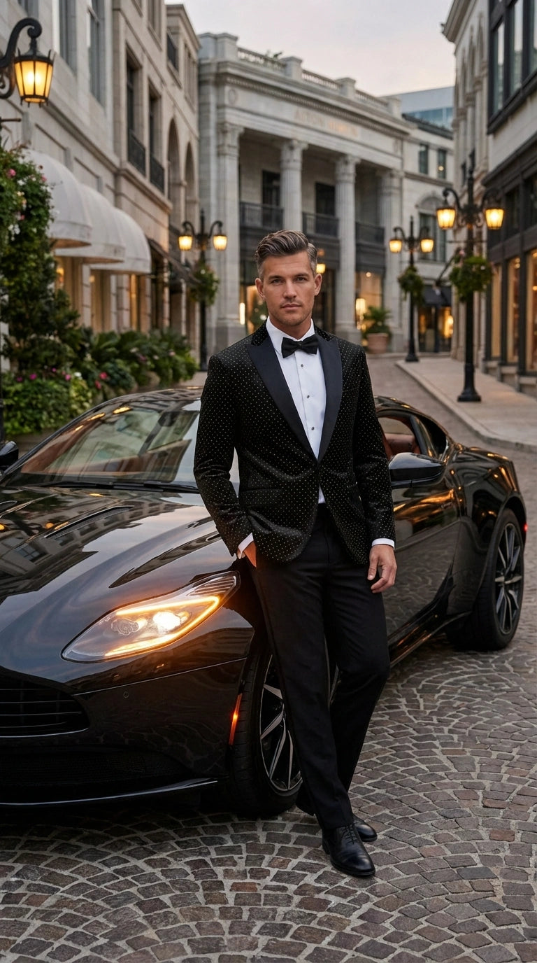 Men’s Black Velvet Dinner Jacket Blazer with Satin Lapel – Formal Evening Tuxedo Style Jacket Polk Dots Pattern + Free bowtie - 36 Short