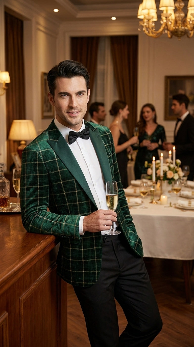 Men’s Green and Gold Plaid Christmas Holiday Blazer – Classic Check Party Jacket for New Year, Wedding and Festive New Year event - 36 Short