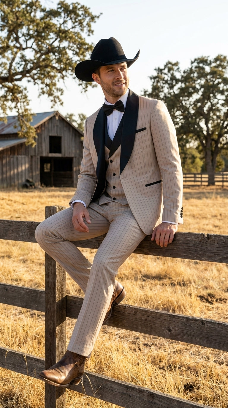 Men’s Beige Pinstripe Western 3 Piece Tuxedo Suit with Black Shawl Lapel, Formal Cowboy Wedding Prom Suit in Tan Khaki Color - 34 Short or Extra Small