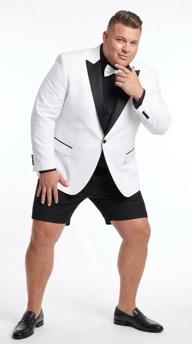 Men’s White and Black Tuxedo Suit with Shorts – Modern Formal Blazer and Short Pants Set for Wedding, Prom Suit - 34 Short or Extra Small