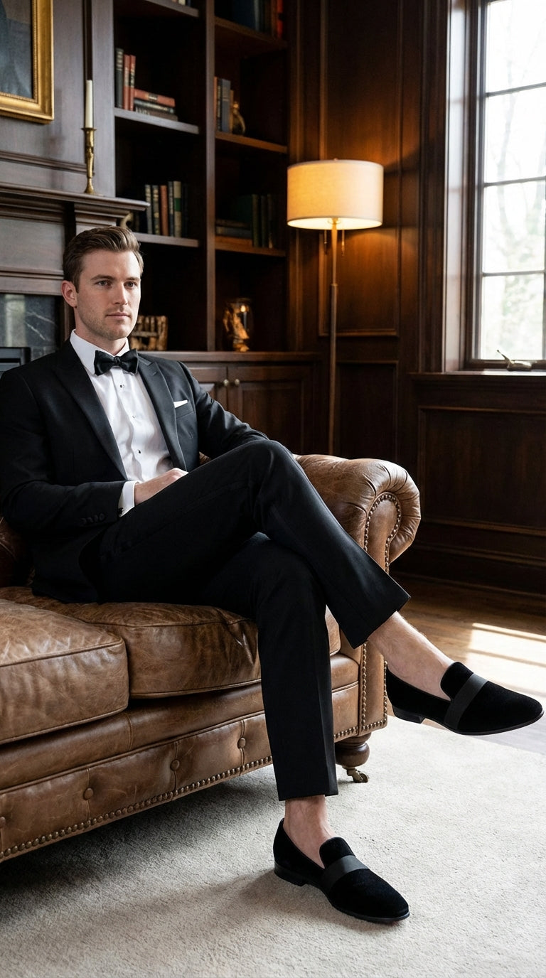 Men's Black Tuxedo Dress Velvet Loafers | Formal Slip-On Shoes for Wedding, Prom & Black Tie Events - 6