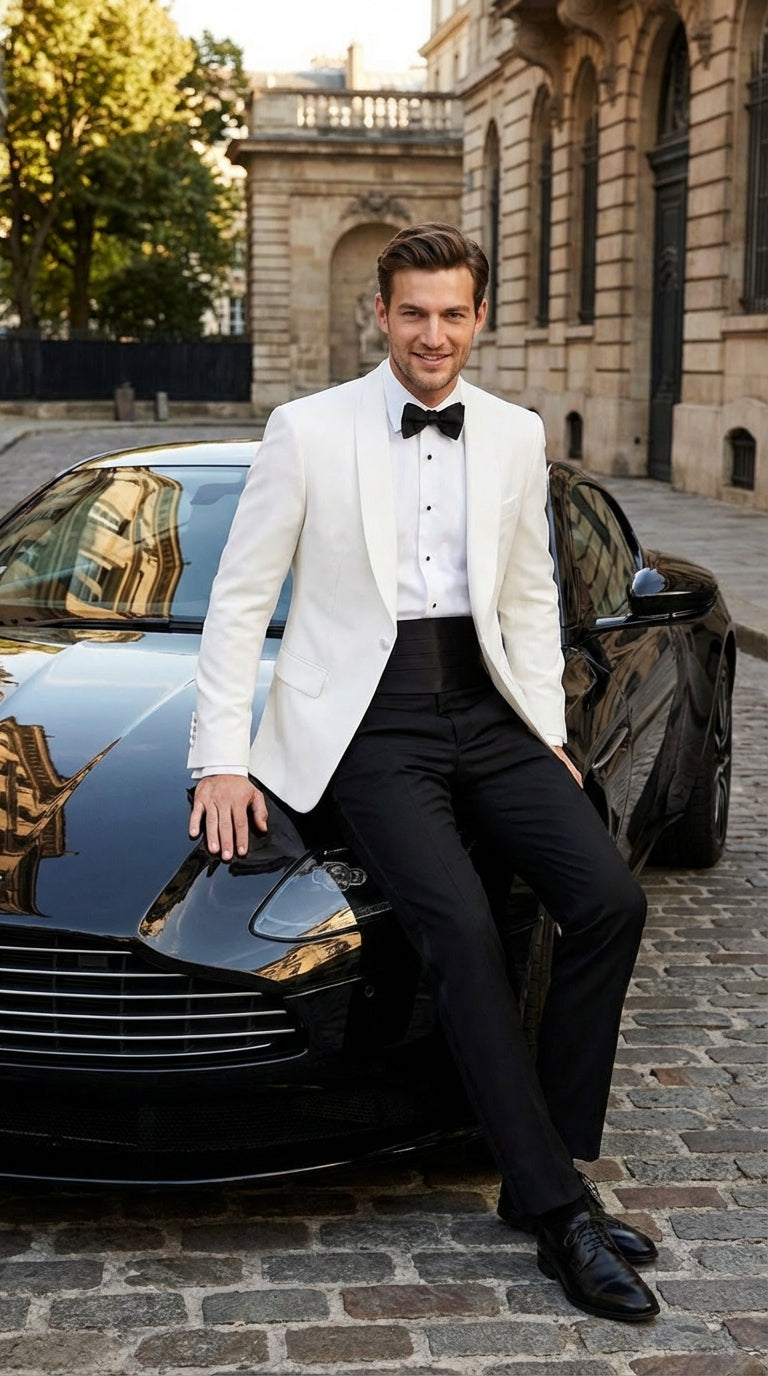 Men's White Dinner Jacket Tuxedo Blazer with Black Satin Shawl Lapel  With Black Tuxedo Pants - 34 Short or Extra Small