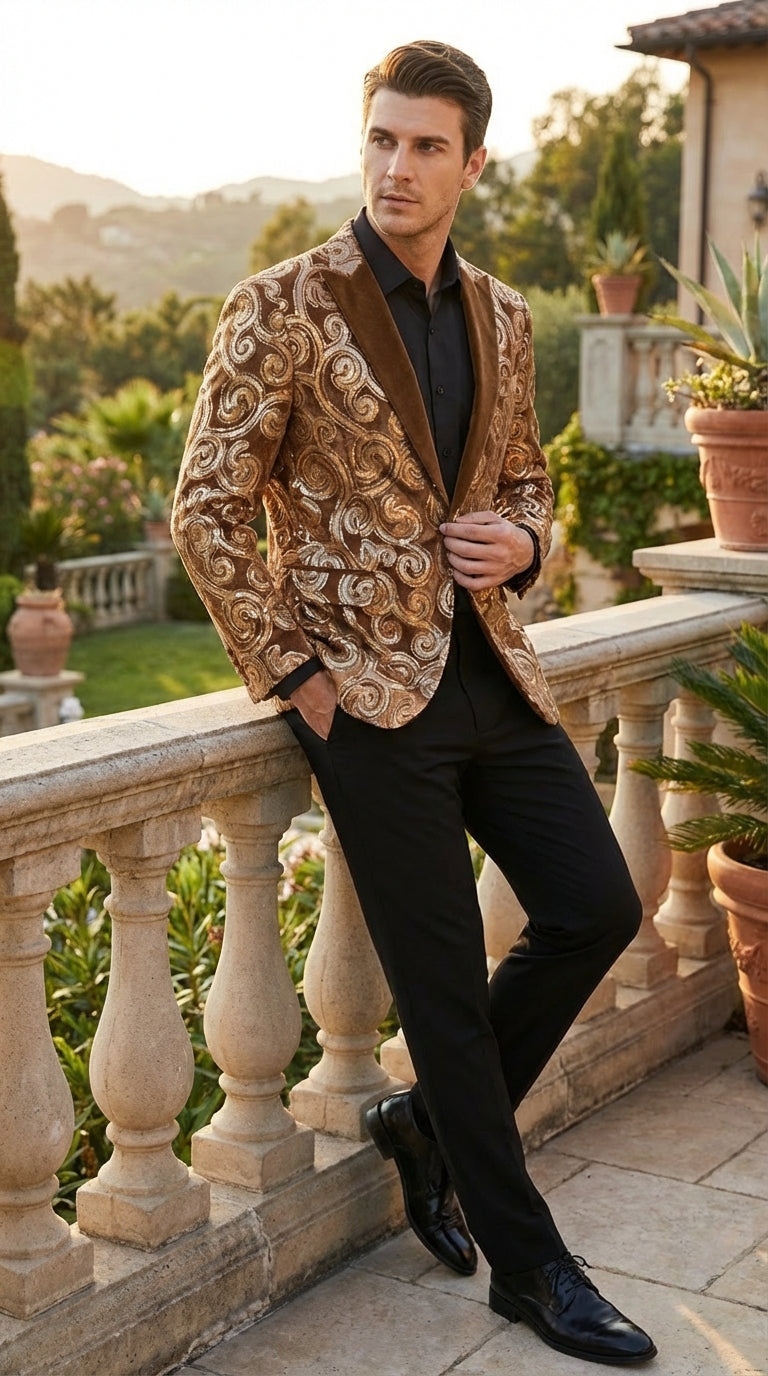 Men's Light Brown & Gold Baroque Embroidered Blazer Jacket | Tuxedo Dinner Jacket - 34 Short or Extra Small