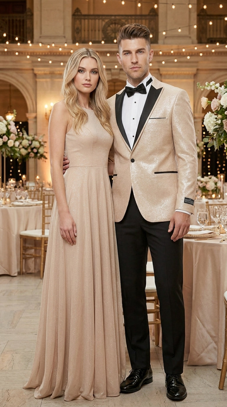 Men’s Gold Blazer with Black Lapel – Elegant Gold Formal Blazer Jacket for Wedding, Prom, Tuxedo in champagne Color - 36 Short