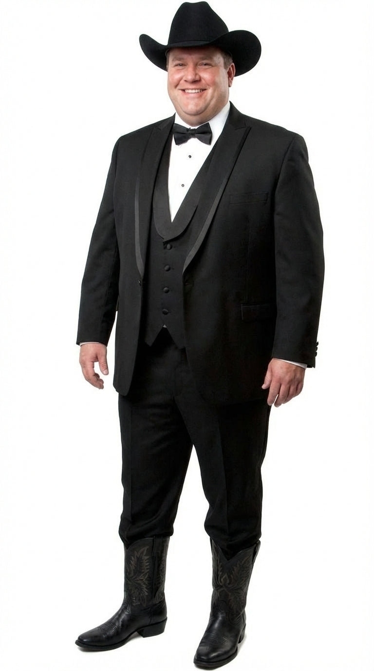 Black Western Tuxedo for Men | Classic Three Piece Formal Wedding Peak Lapel with Trim Collar Cowboy Suit - 34 Short or Extra Small