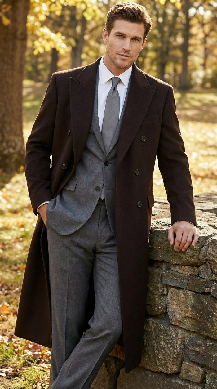 Mens Brown Long Overcoat Double Breasted Classic Formal Winter Coat for Business, Topcoat and Cold Weather Wear