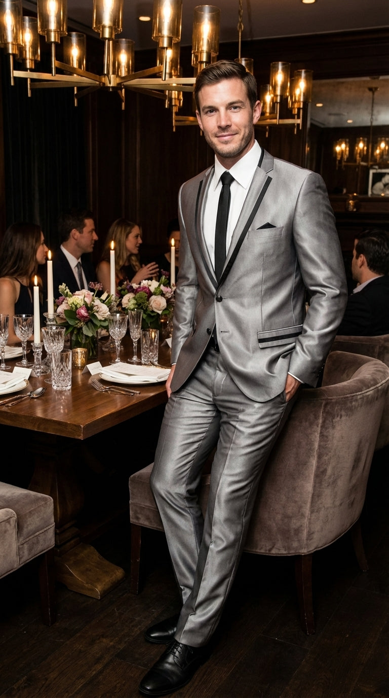 Men’s Silver Sharkskin Tuxedo Suit with Black Piping – Shiny Two Button Formal Suit for Wedding, Prom and Party Wear - 34 Short or Extra Small