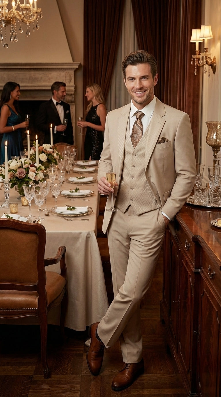 Men’s Tan Beige 3 Piece Tuxedo Suit – Beige Formal Suit Set with Vest, Patterned Lapel and Tie for Wedding, Prom in Tan Khaki Color - 34 Short or Extra Small