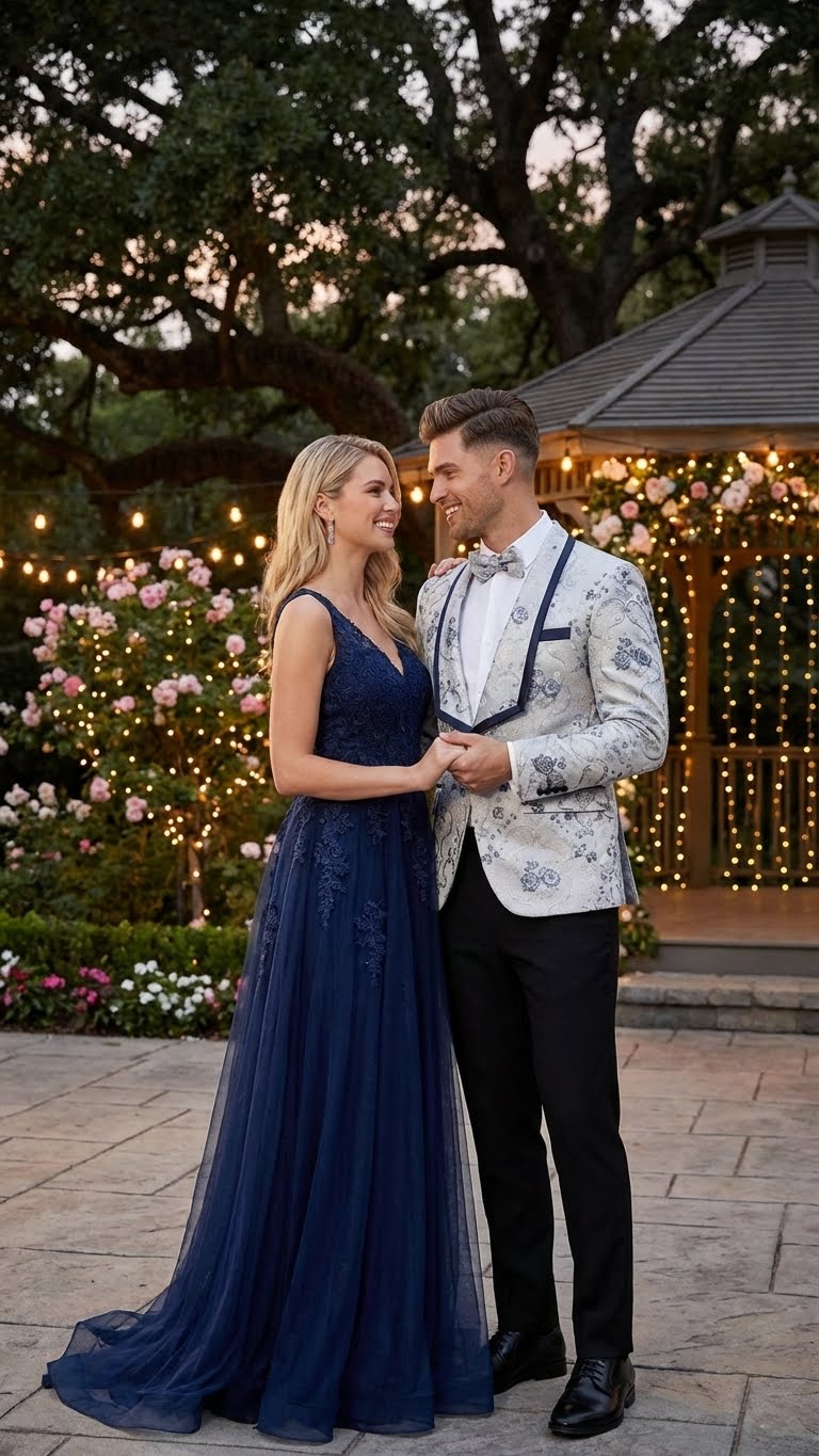 Men’s White and Navy Blue Lapel  Floral Jacquard Blazer with Contrast Shawl Lapel – Luxury Wedding and Party Wear Jacket paisley Tuxedo Navy Pants - 34 Short or Extra Small