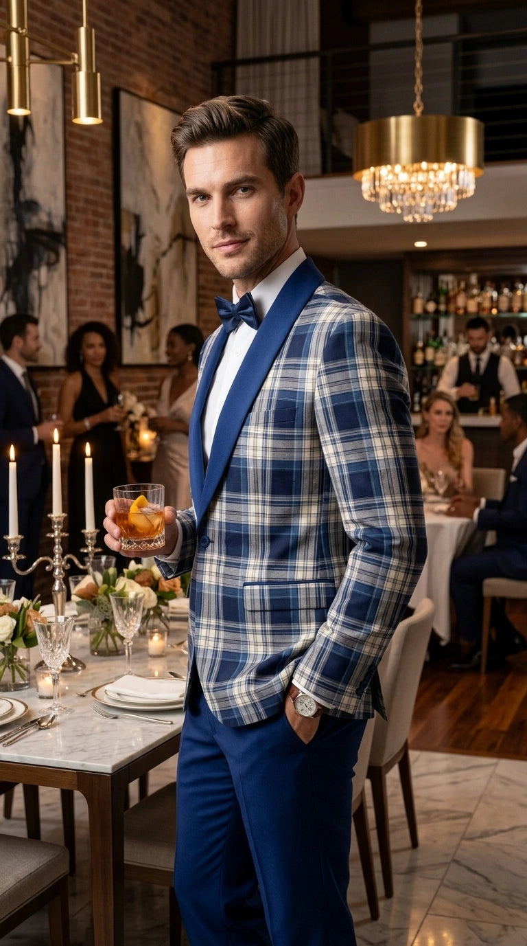 Men’s Tartan Blue Plaid and Solid Blue Tuxedo – Modern Check Pattern Formal Suit for New Year - Christmas - Holiday Jacket with Pants - 34 Short or Extra Small