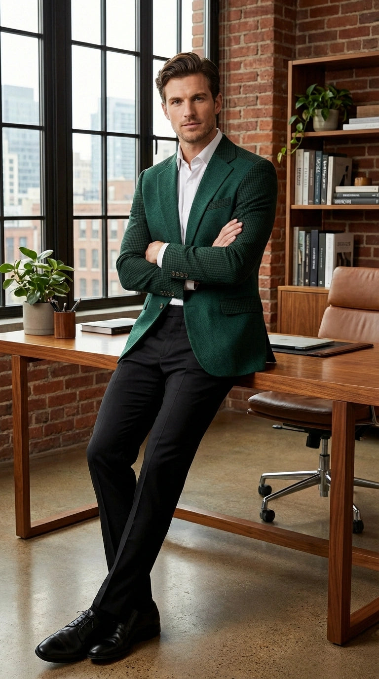 Zacchi Brand Men’s Dark Green Textured Blazer – Classic Single Button Sport Coat with Notch Lapel Formal Jacket - 36 Short