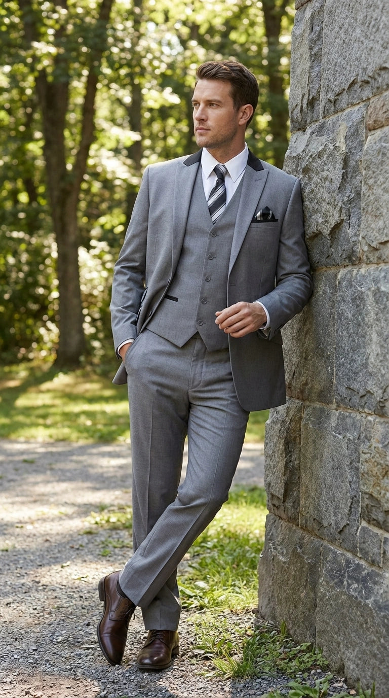 Men’s Light Gray Three Piece Suit with Black Chesterfield Collar  – Classic Formal Wedding and Business Suit Set 1920s Vintage - 34 Short or Extra Small