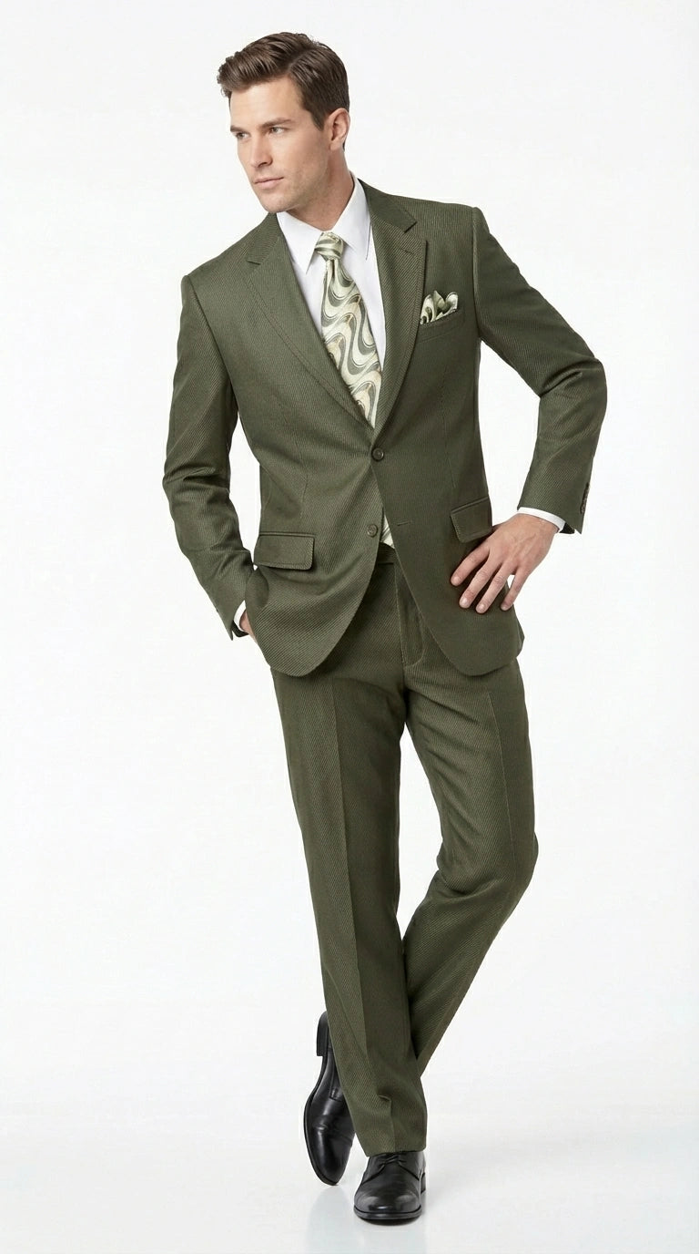 Men’s Olive Green Tuxedo With Trim Collar – Formal Wedding, Prom Suit Modern Fit - 36 Regular Jacket+30 Waist Adjustable 26to32)Height: 5'7"-6')(Neck: 14.5-16:S)