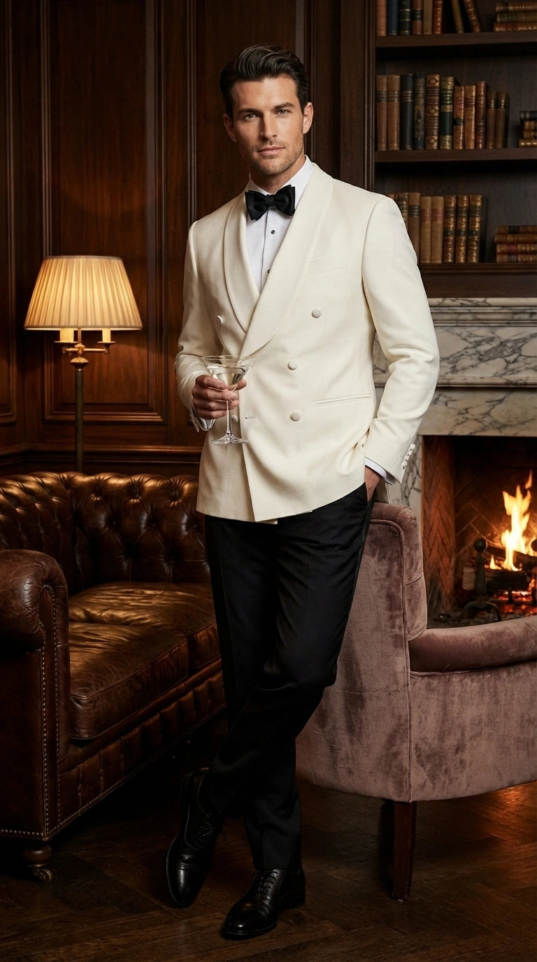 Men’s Ivory Wool Dinner Jacket – Classic Double Breasted Formal Tuxedo Jacket for Wedding and Black Tie Events - 36 Short