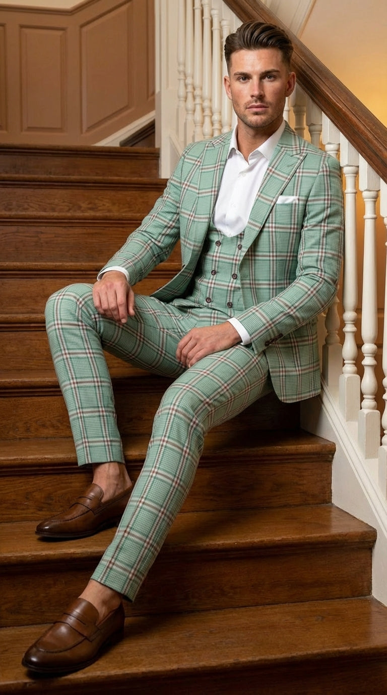 Mint Green Plaid Three Piece Suit for Men | Classic Checkered Formal Suit with Jacket Vest and Pants By Rossiman - 34 Short or Extra Small