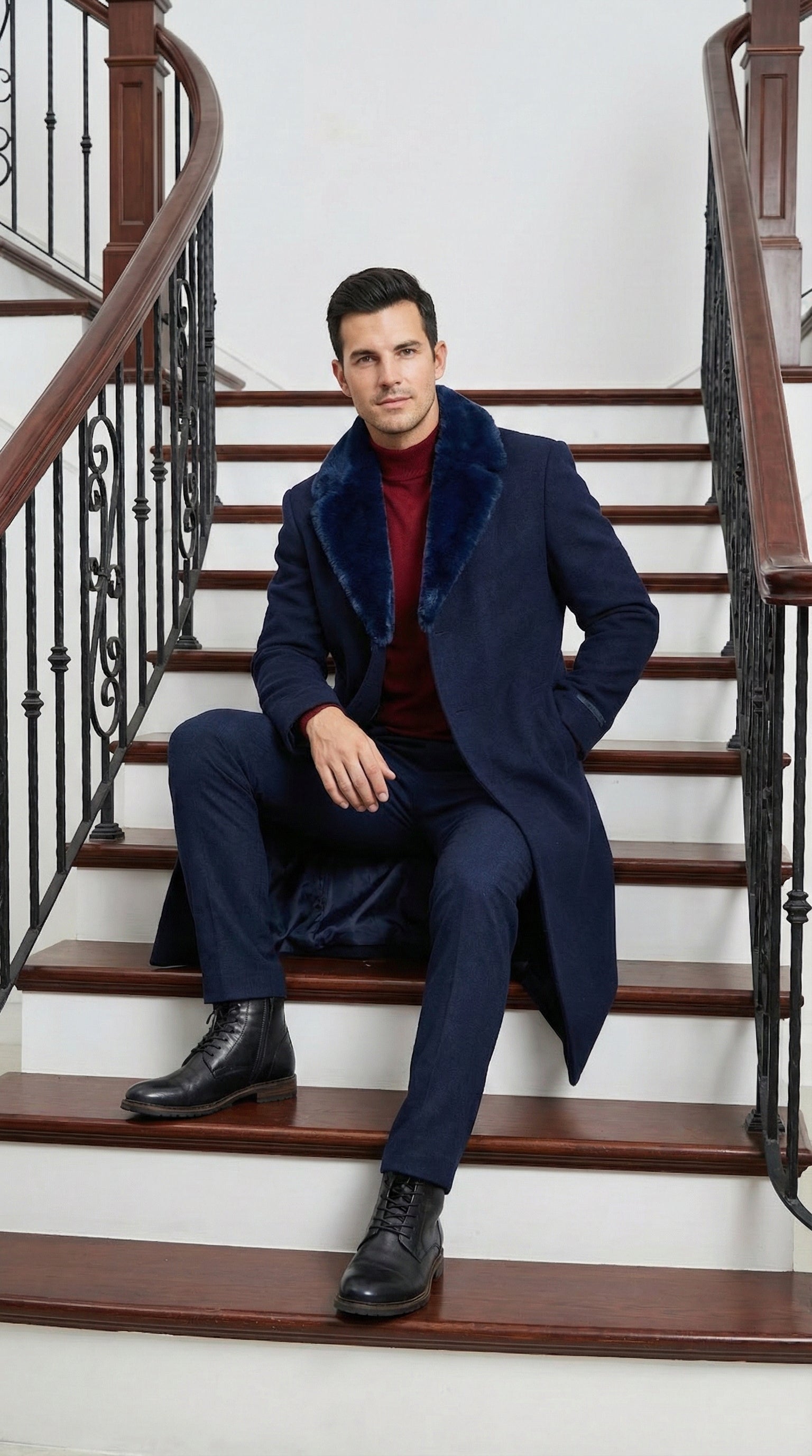 Mens Dark Navy Blue Long Overcoat with Faux Fur Collar, Classic Winter Dress Coat for Formal - Coat Size 38