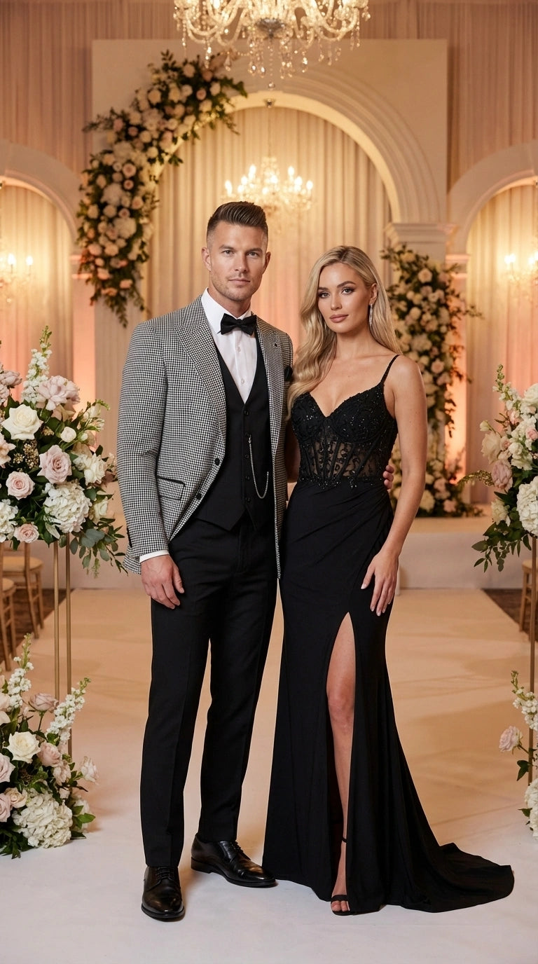 Men’s Black and White Houndstooth Gatsby Inspired Suit – Vintage Style Formal Suit for Wedding, Prom and Classic Events Blazer + Black vest + Black Pants - 34 Short or Extra Small