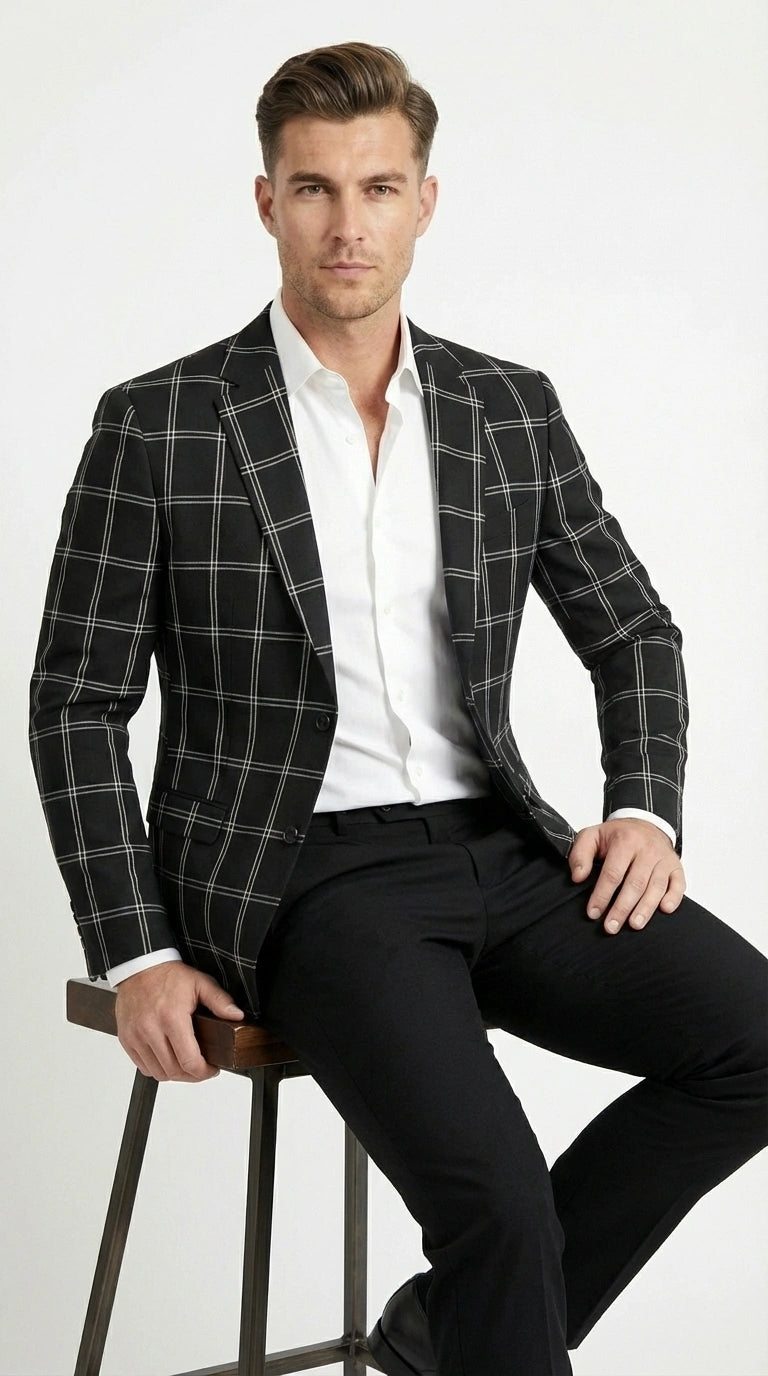 Men’s Black Windowpane Check Blazer – Black Plaid Formal Blazer Jacket for Business, Wedding and Smart Casual Style - 36 Short