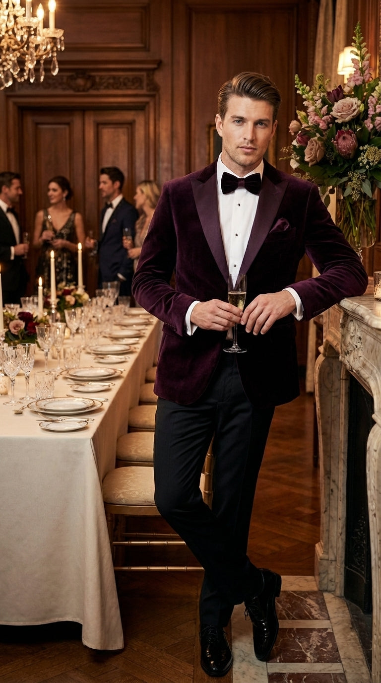 Mens Plum Eggplant Velvet Blazer Jacket – Luxury Velvet Dinner Jacket for Wedding, Tuxedo Events, Formal Parties in Burgundy Color - 36 Short