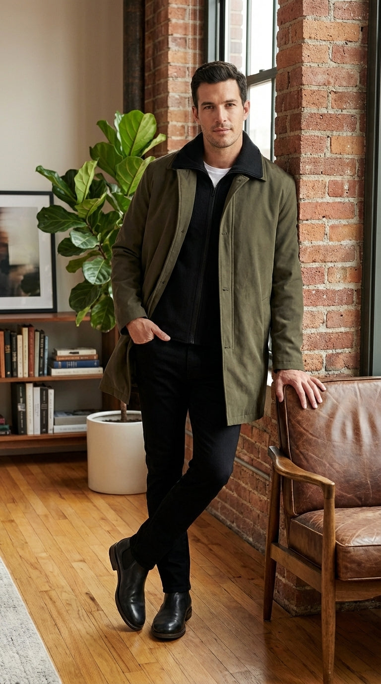 Mens Olive Brown Trench Coat Raincoat – Classic Water Resistant Long Coat with Zip and Button Closure for Business, Travel and Everyday Outerwear - Coat Size 38