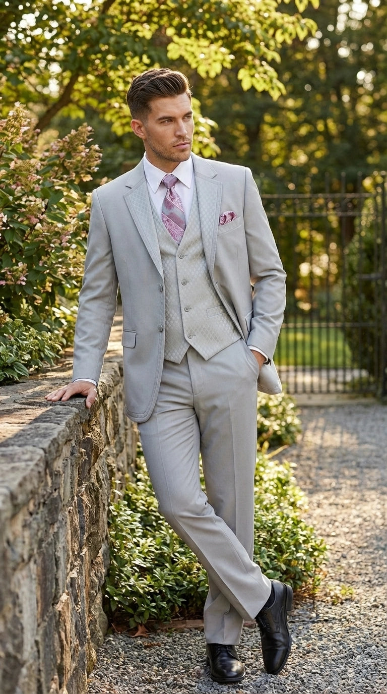 Men’s Light Gray 3 Piece Suit – Ice Silver Gray Formal Suit Set with Vest, Patterned Lapel and Tie for Wedding, Prom and Business Events - 34 Short or Extra Small