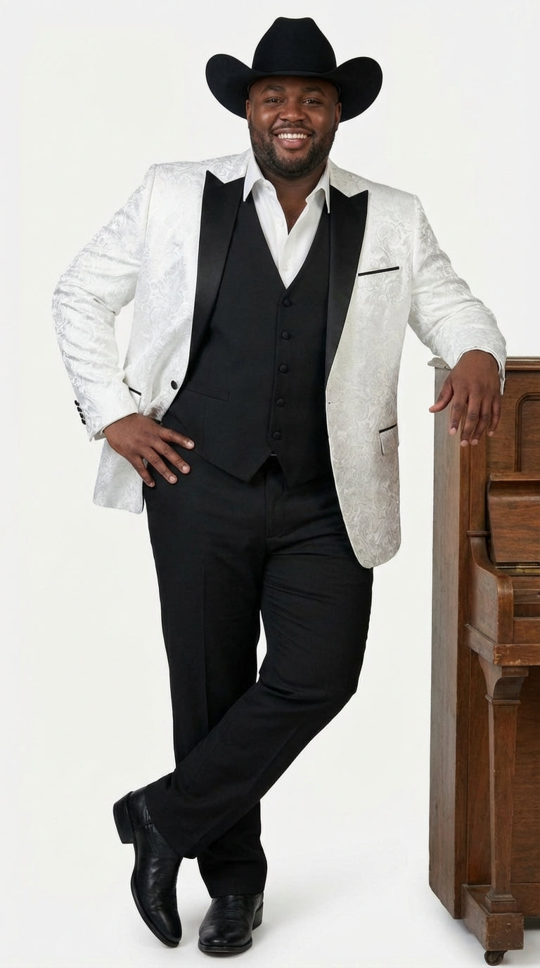 Mens White Paisley Cowboy Tuxedo with Black Satin Lapel – Western Formal Wedding Suit Jacket