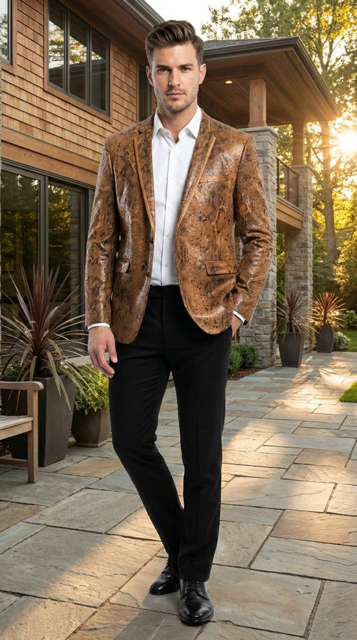 Men’s Brown Snakeskin Pattern Blazer – Stylish Exotic Print Formal Blazer Jacket for Party, Exotic Crocodile Alligator Print