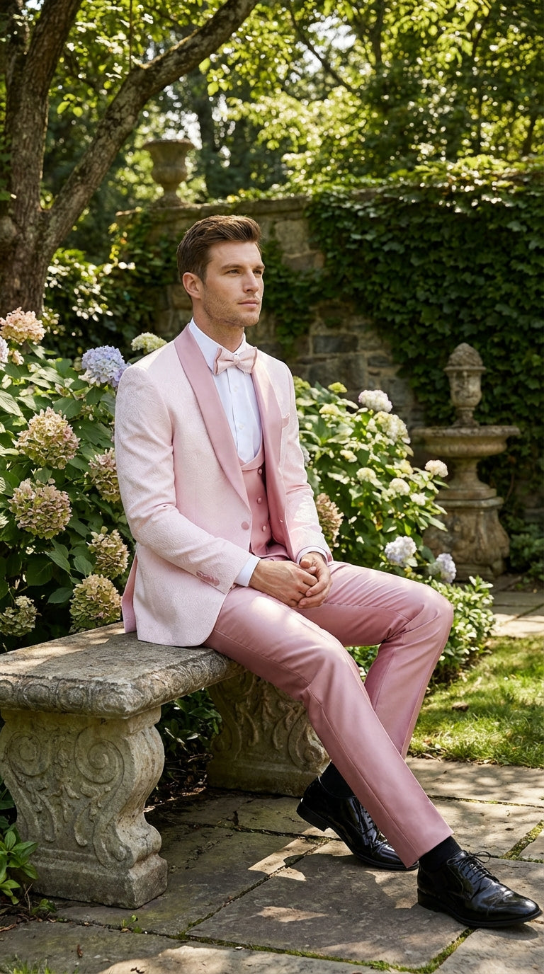 Men's Light Pink 3 Piece Tuxedo Suit Set | Shawl Lapel Formal Wedding Prom Dinner Suit in Rose Gold Color - 34 Short or Extra Small