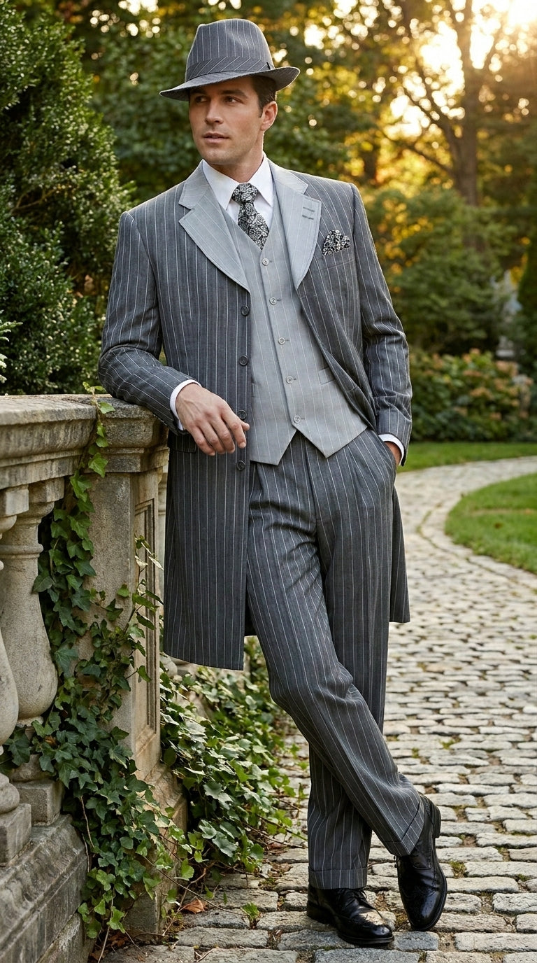Men’s Grey Pinstripe Zoot Suit 3 Piece – 1920s Gangster Vintage Wide Lapel Suit with Vest for Wedding, Party - 34 Short or Extra Small