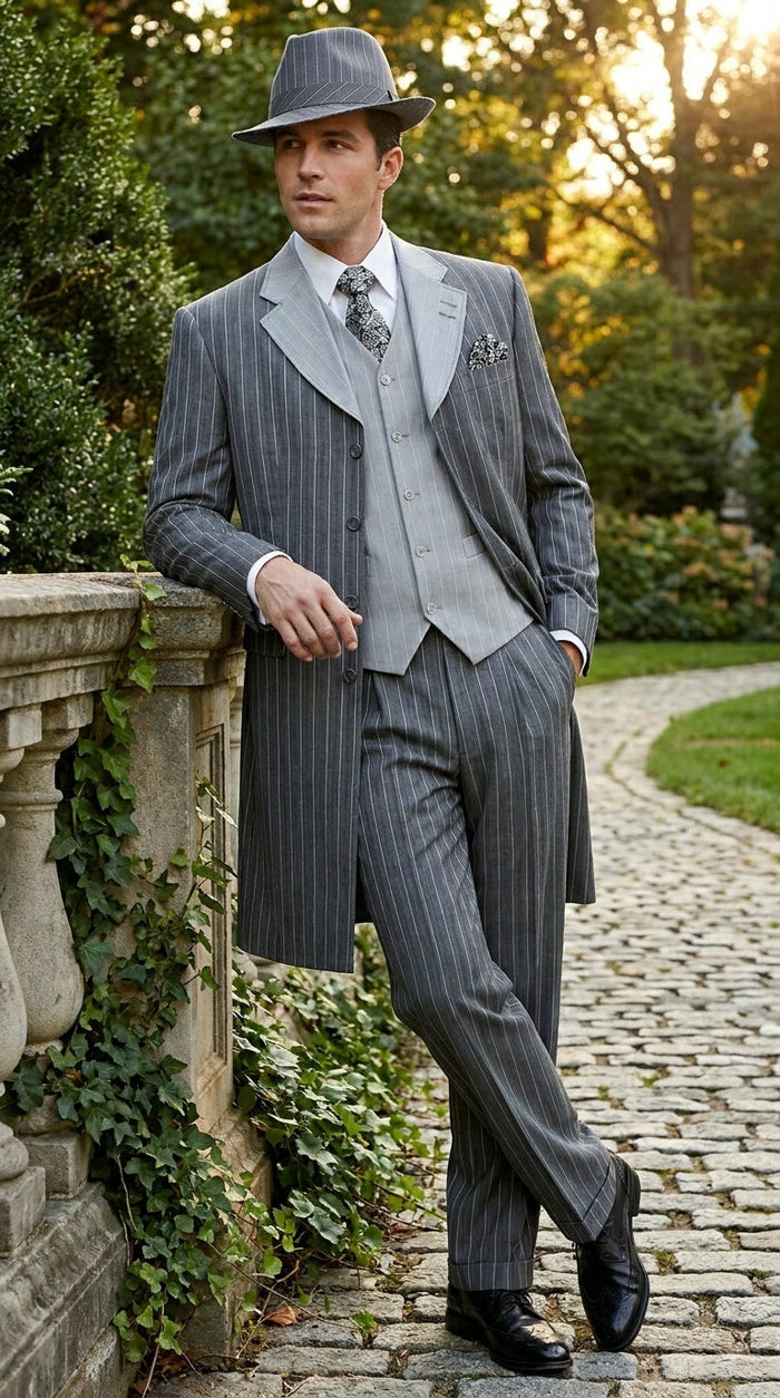 Men’s Grey Pinstripe Zoot Suit 3 Piece – 1920s Gangster Vintage Wide Lapel Suit with Vest for Wedding, Party
