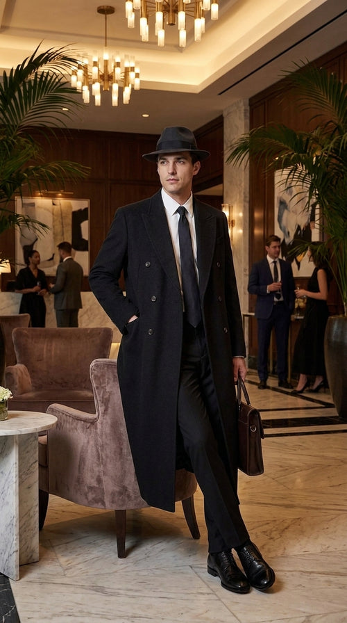 Men’s Godfather Black Double-Breasted Long Overcoat – Vintage Mobster Gangster Coat
