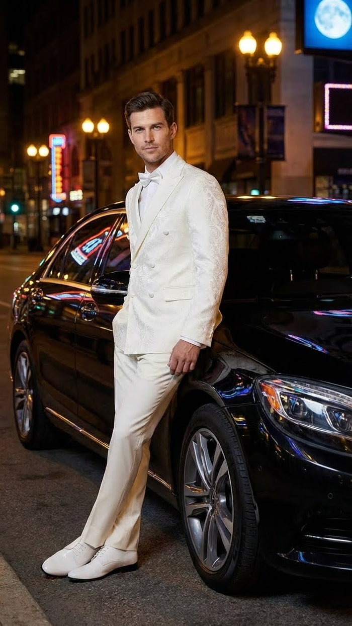 Mens Ivory Double Breasted Tuxedo Dinner Jacket Textured Blazer Paisley Texture Pattern in Off White Cream Color + Bowtie