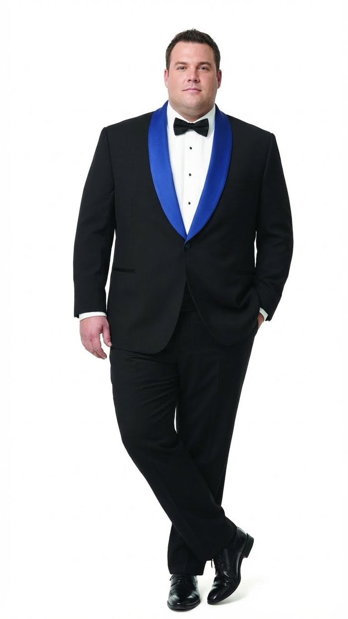 Mens Black Tuxedo with Royal Blue Shawl Lapel | Modern Formal Dinner Jacket Suit + Pants for Weddings, Proms