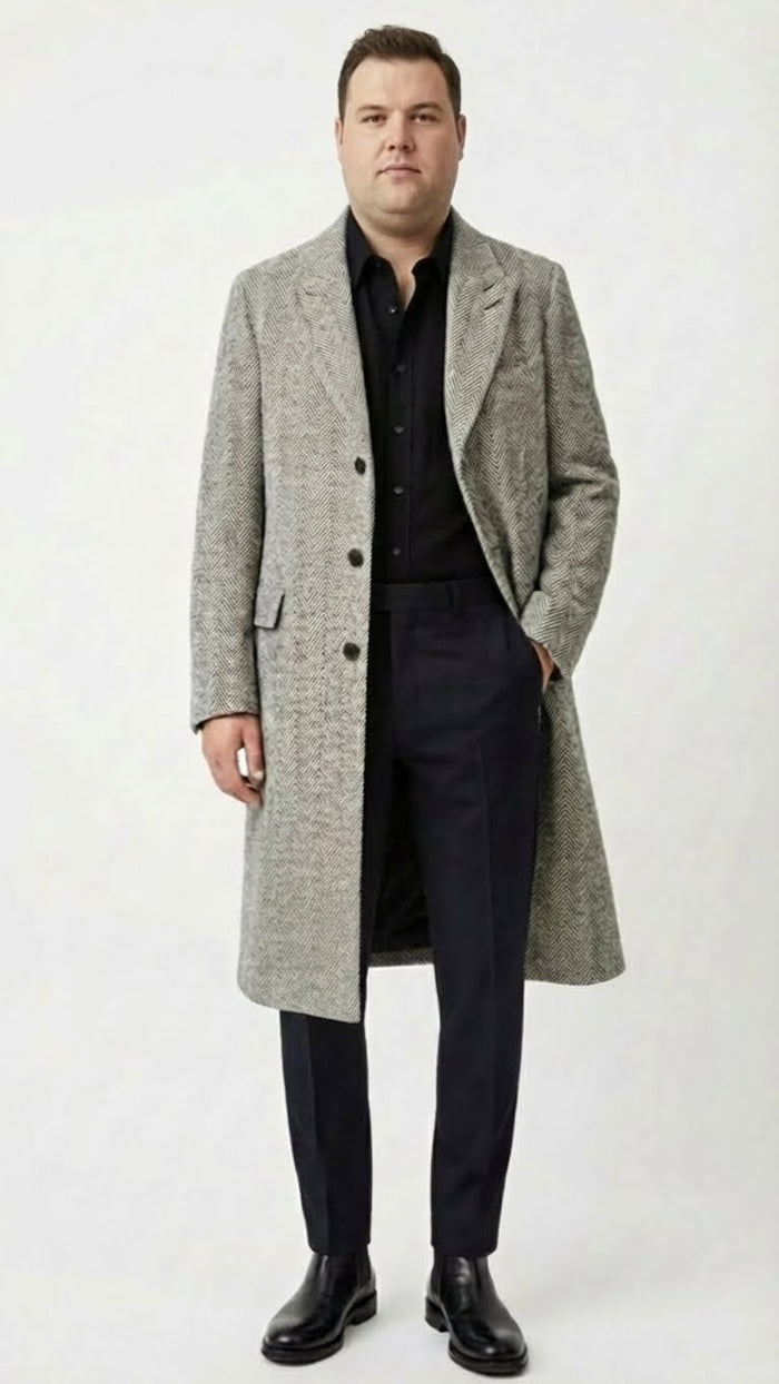 Mens Grey Herringbone Long Overcoat Tweed Black and White Pattern Wool Topcoat Three Qaurter