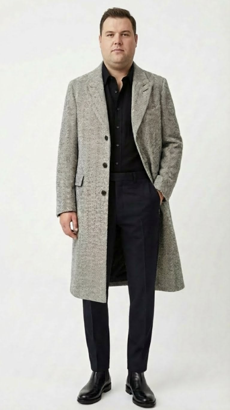 Men’s Grey Herringbone Long Overcoat – Tweed Black and White Pattern Wool Topcoat Three Qaurter - Coat Size 38