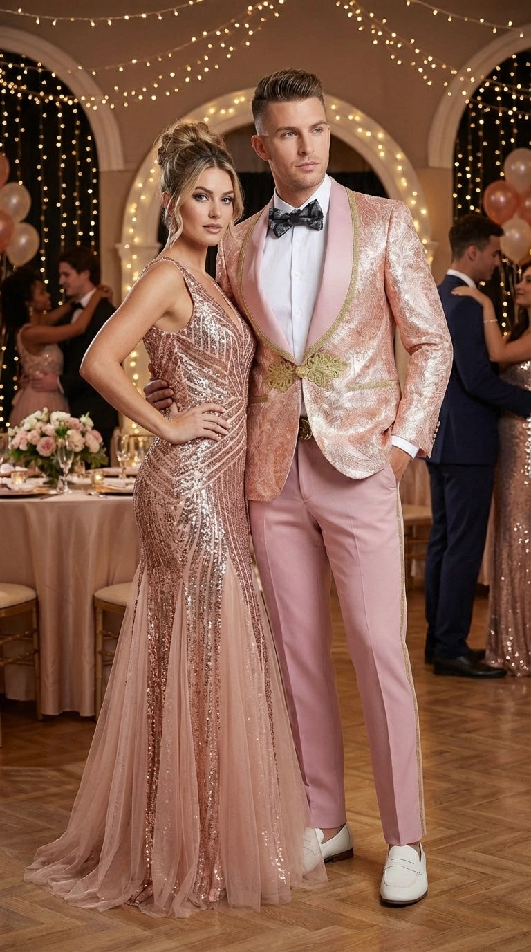 Men’s Rose Gold Pink Prom Tuxedo Suit – Slim Fit Paisley Pattern Formal Tuxedo Suit for Prom, Wedding and Special Events - 34 Short or Extra Small