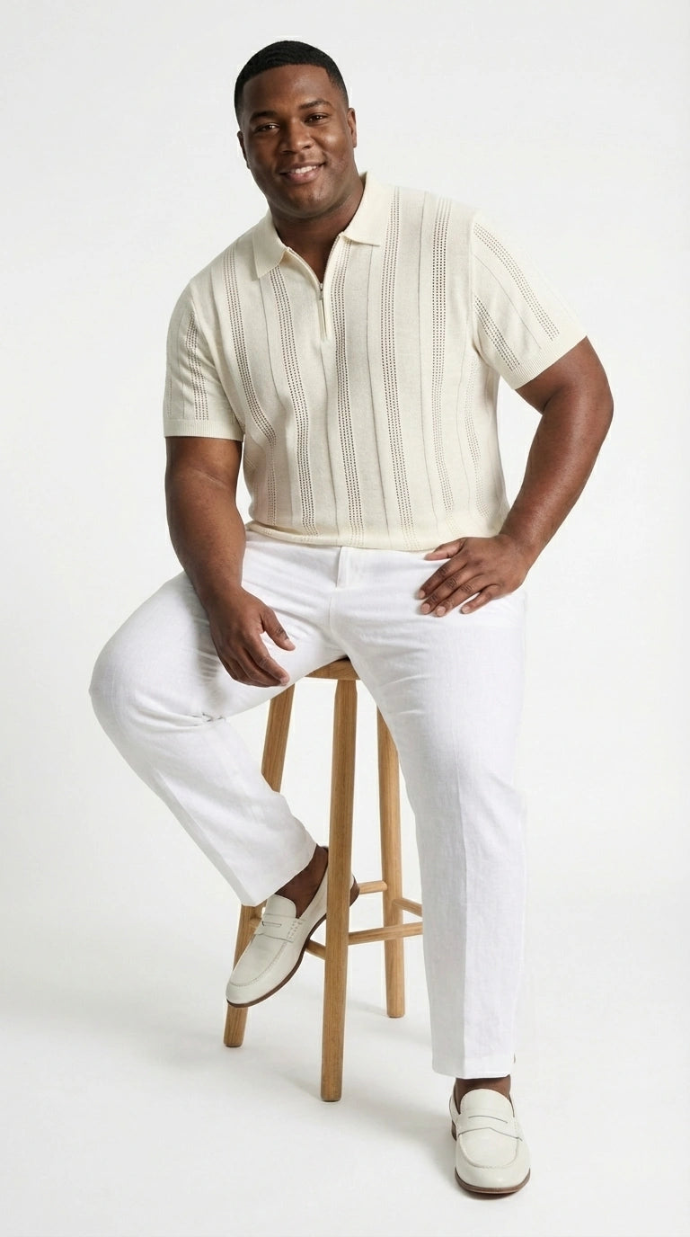 Mens Cream Ivory Off White Knit Walking Suit Set – Lightweight Short Sleeve Shirt and Pants Outfit for Summer, Vacation and Casual Wear - S