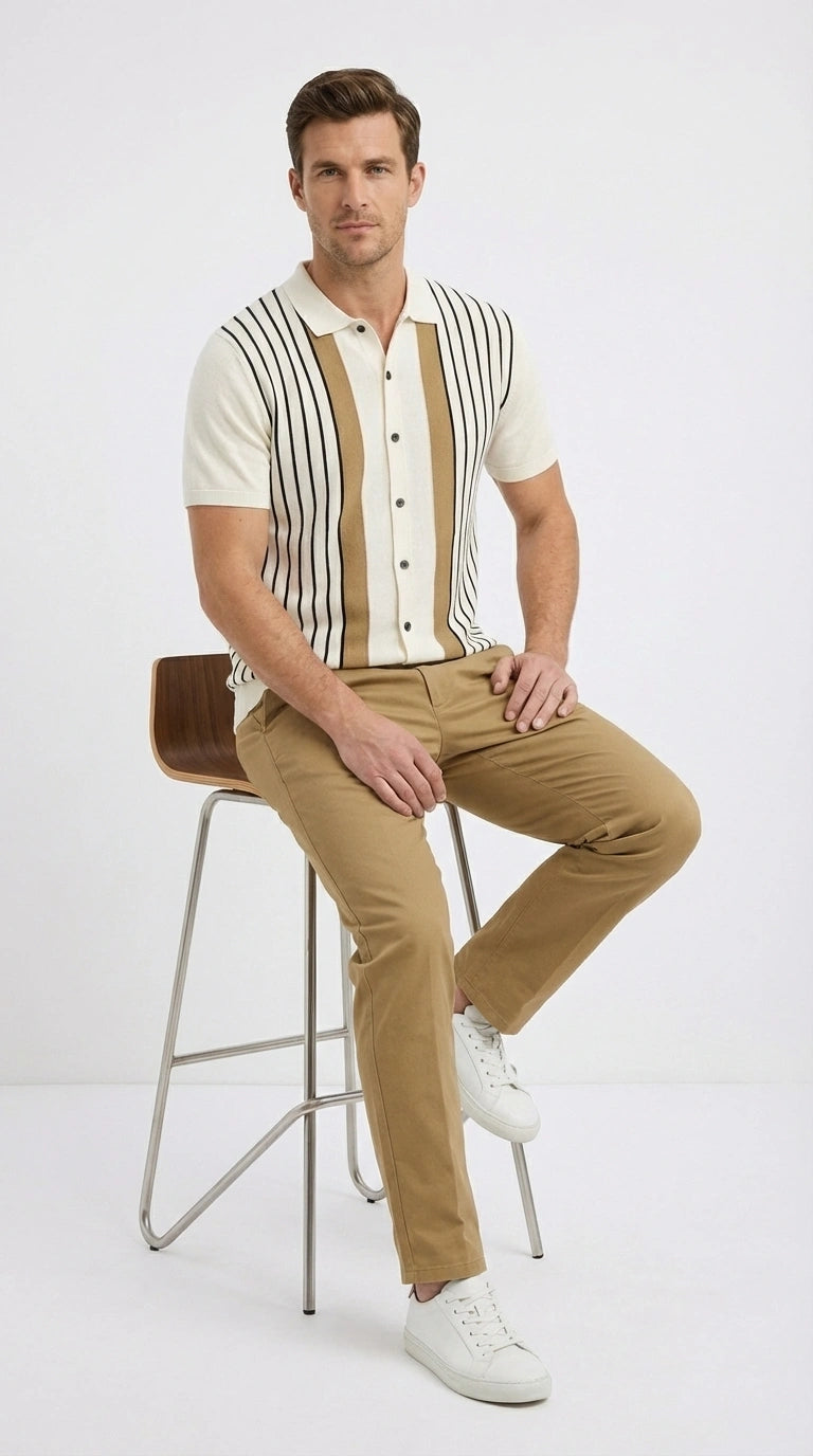 Mens Cream and Tan Striped Walking Suit Set – Casual Summer Short Sleeve Shirt and Pants Outfit for Vacation, Travel and Everyday Wear - S