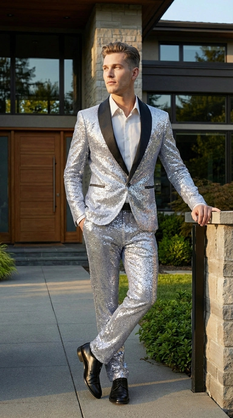 Mens Silver Grey Sequin Tuxedo Suit – Shiny Wedding Suit Set with Black Lapel for Prom, Party, Gala and Formal Evening Wear - 34 Short or Extra Small