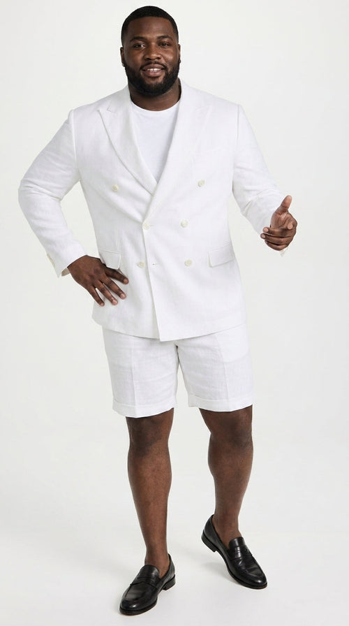 Men’s White Summer Suit with Shorts, 2 Piece Linen Style Wedding Beach Short Suit Set double breasted style