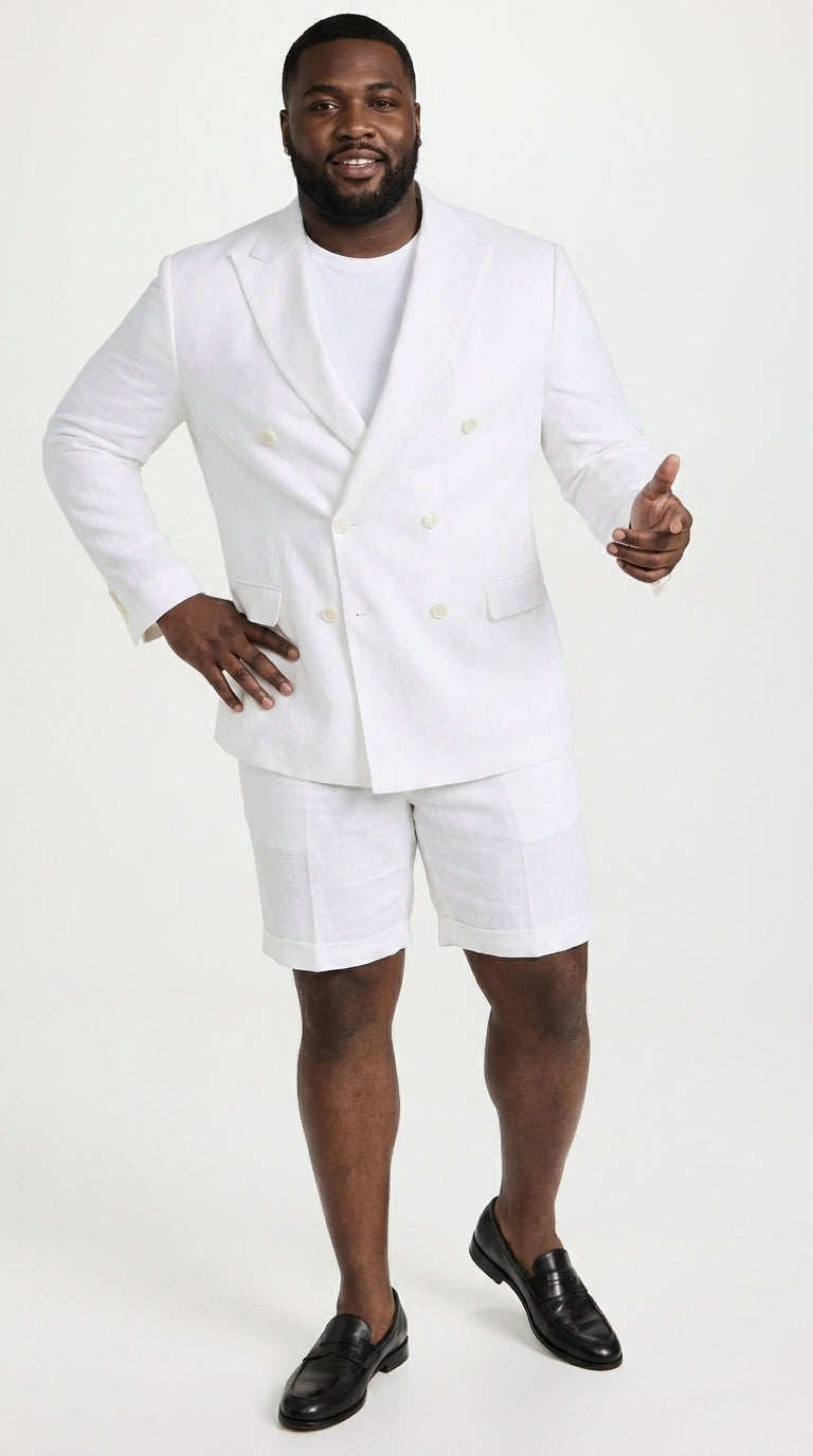 Men’s White Summer Suit with Shorts, 2 Piece Linen Style Wedding Beach Short Suit Set double breasted style - 34 Short or Extra Small