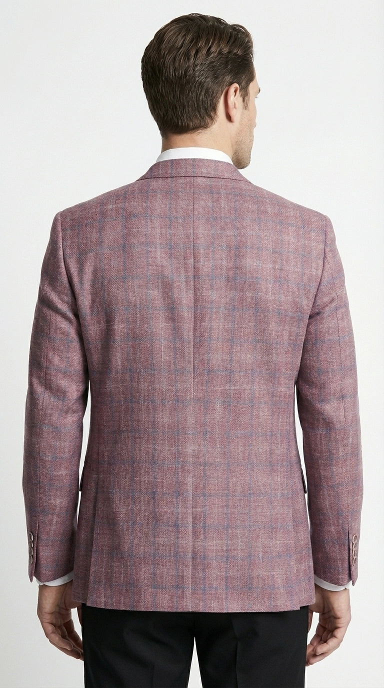 Mens Dusty Rose Mauve Pink with Tint of Blue Plaid Sport Coat Blazer – Classic Check Pattern Casual Blazer Jacket for Business Casual, Wedding - 36 Short
