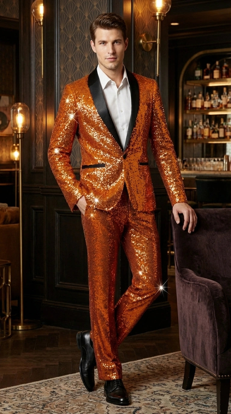 Mens Orange Sequin Tuxedo Suit – Shiny Wedding Suit Set with Black Lapel for Prom, Party, Gala and Formal Evening Wear - Goldish Orange - 34 Short or Extra Small