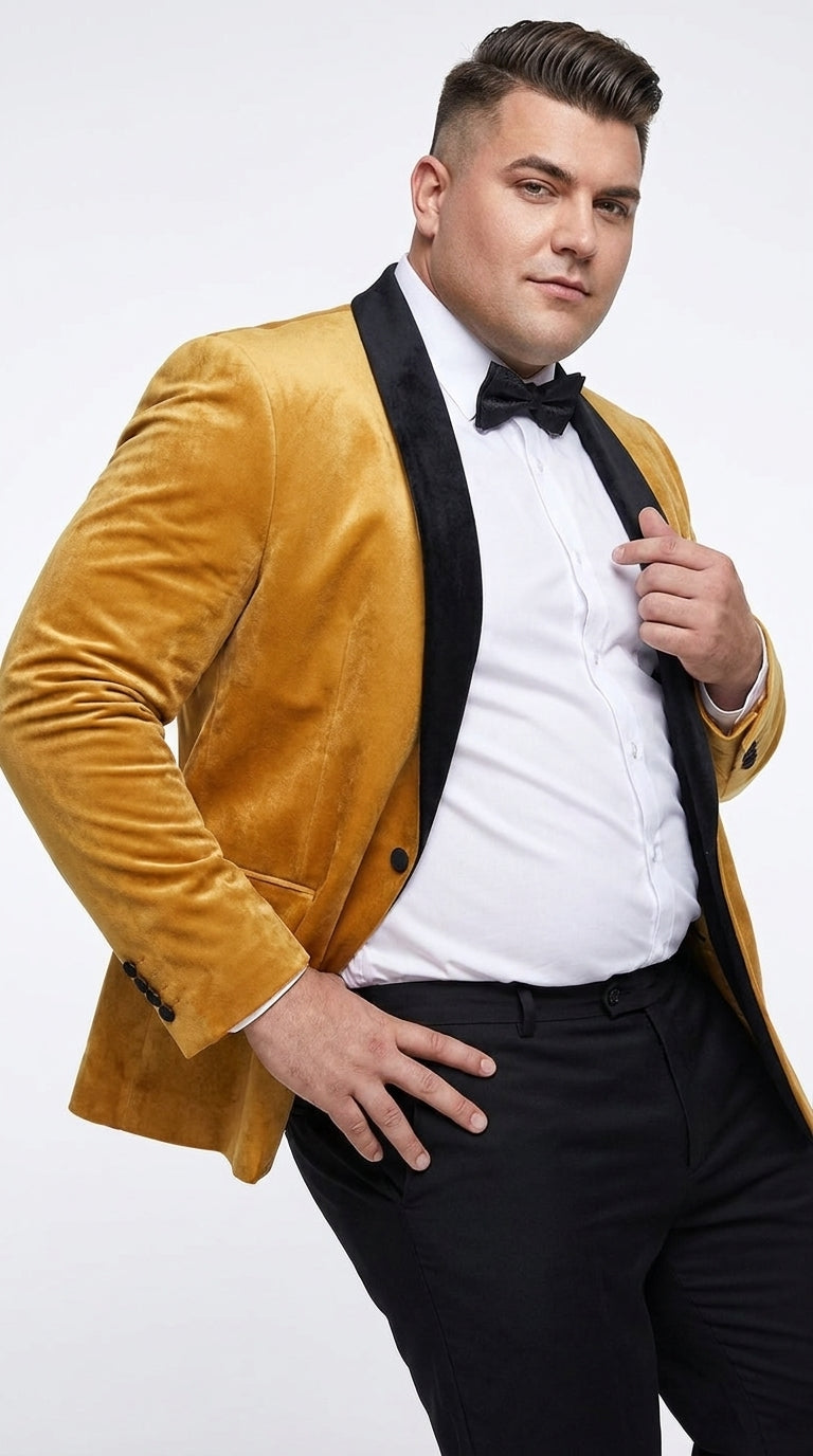 Men’s Velvet Gold Tuxedo Dinner Jacket – Black Shawl Lapel Wedding & Prom Blazer
