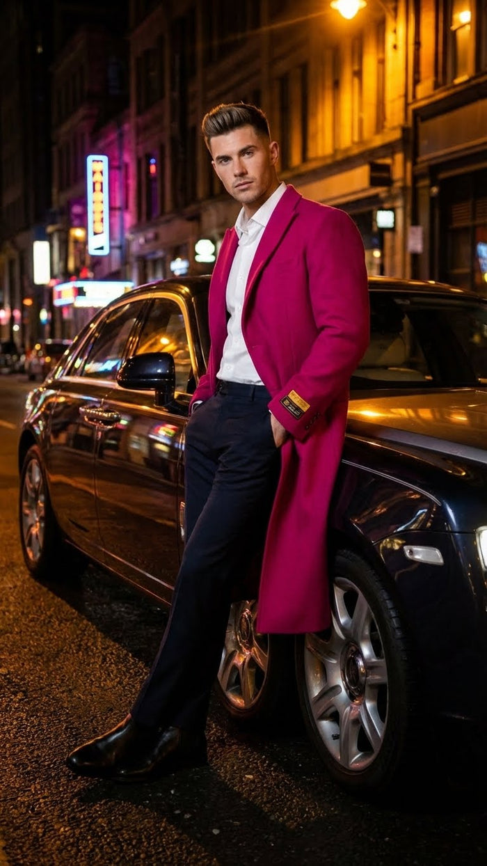 Mens Hot Pink Wool Blend Overcoat Topcoat Carcoat Winter Fabric