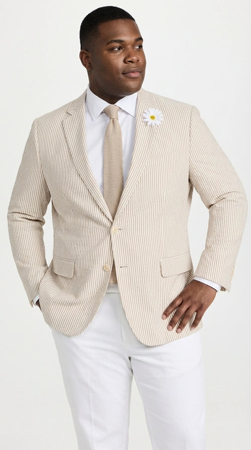 Mens Beige Seersucker Blazer – Lightweight Striped Summer Sport Coat Casual Smart Formal Jacket