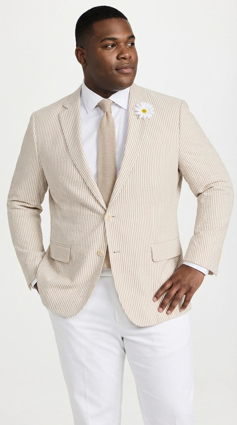 Mens Beige Seersucker Blazer – Lightweight Striped Summer Sport Coat Casual Smart Formal Jacket - 36 Short