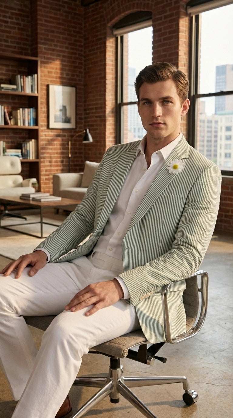 Mens Sage Green Seersucker Blazer – Lightweight Striped Summer Sport Coat Casual Smart Formal Jacket - 36 Short
