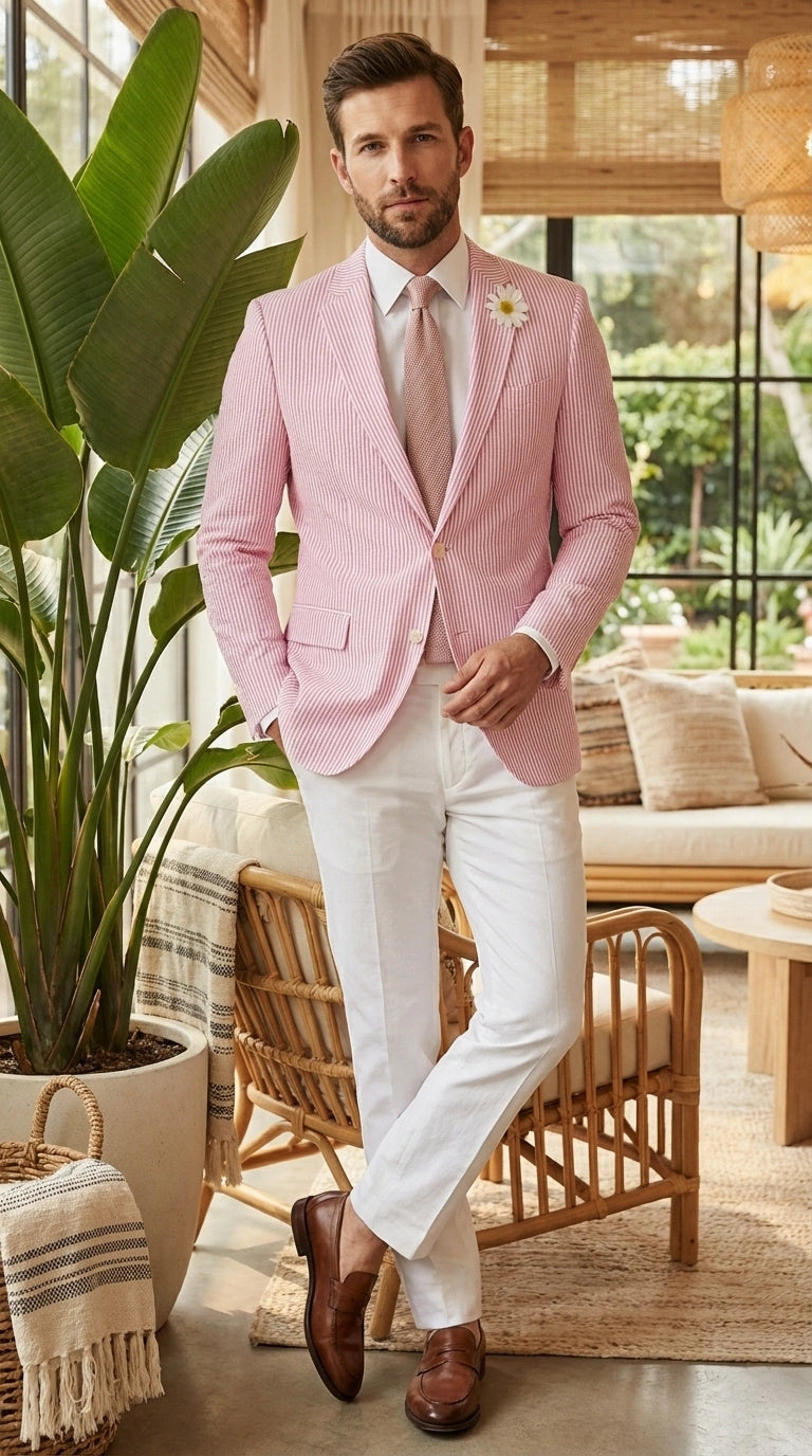 Mens Pink Seersucker Blazer – Lightweight Striped Summer Sport Coat Casual Smart Formal Jacket - 36 Short