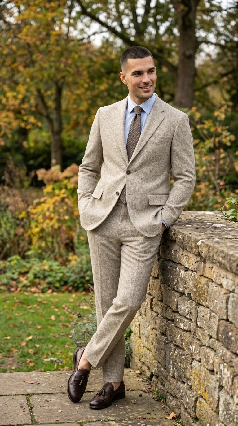 Men’s Light Tan Tweed Suit – Classic Beige Two Piece Suit, Herringbone Formal Wear, Vintage Style Business & Wedding Outfit for Men - 34 Short or Extra Small